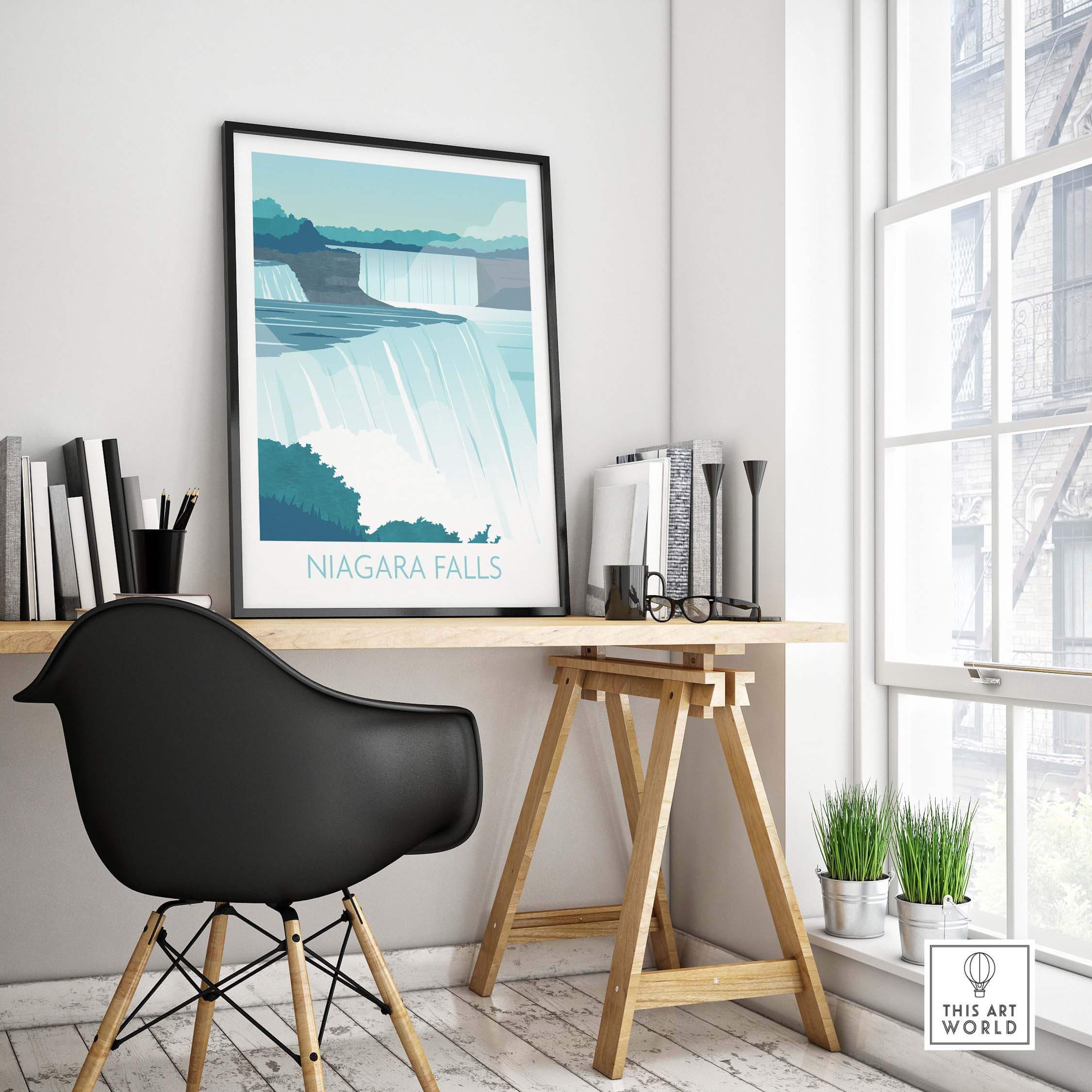 Niagara Falls Print Wall Art displayed in a stylish office setting, evoking travel nostalgia and wanderlust.