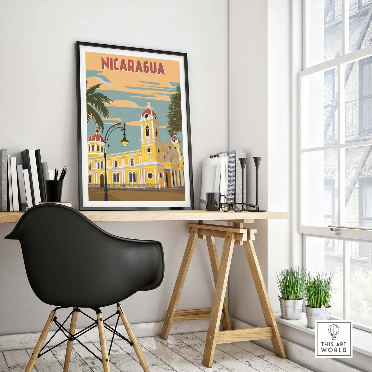 Nicaragua poster displayed in a stylish home office, showcasing vintage travel art and wanderlust inspiration.