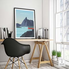 Norway print wall art poster displayed in a modern office with stylish furniture and natural light.