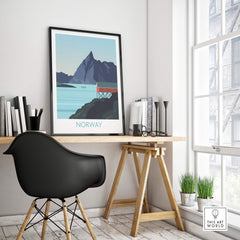 Norway print travel poster displayed in a stylish office featuring a mountain and red cabin design.