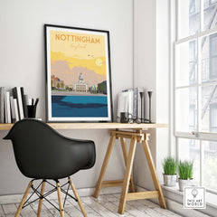 Nottingham Print England Poster displayed in a stylish office setting, showcasing vintage travel art.