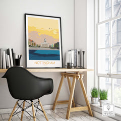 Nottingham poster print displayed in a stylish workspace, showcasing vintage travel art and inspiring wanderlust.