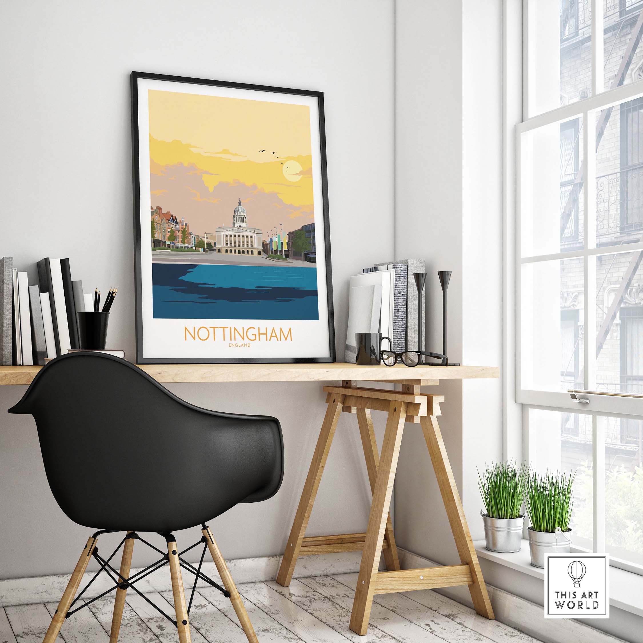 Nottingham poster print displayed in a stylish workspace, showcasing vintage travel art and inspiring wanderlust.