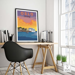 Oslo Print Norway travel poster displayed in a stylish home office, showcasing vibrant colors and classic design.