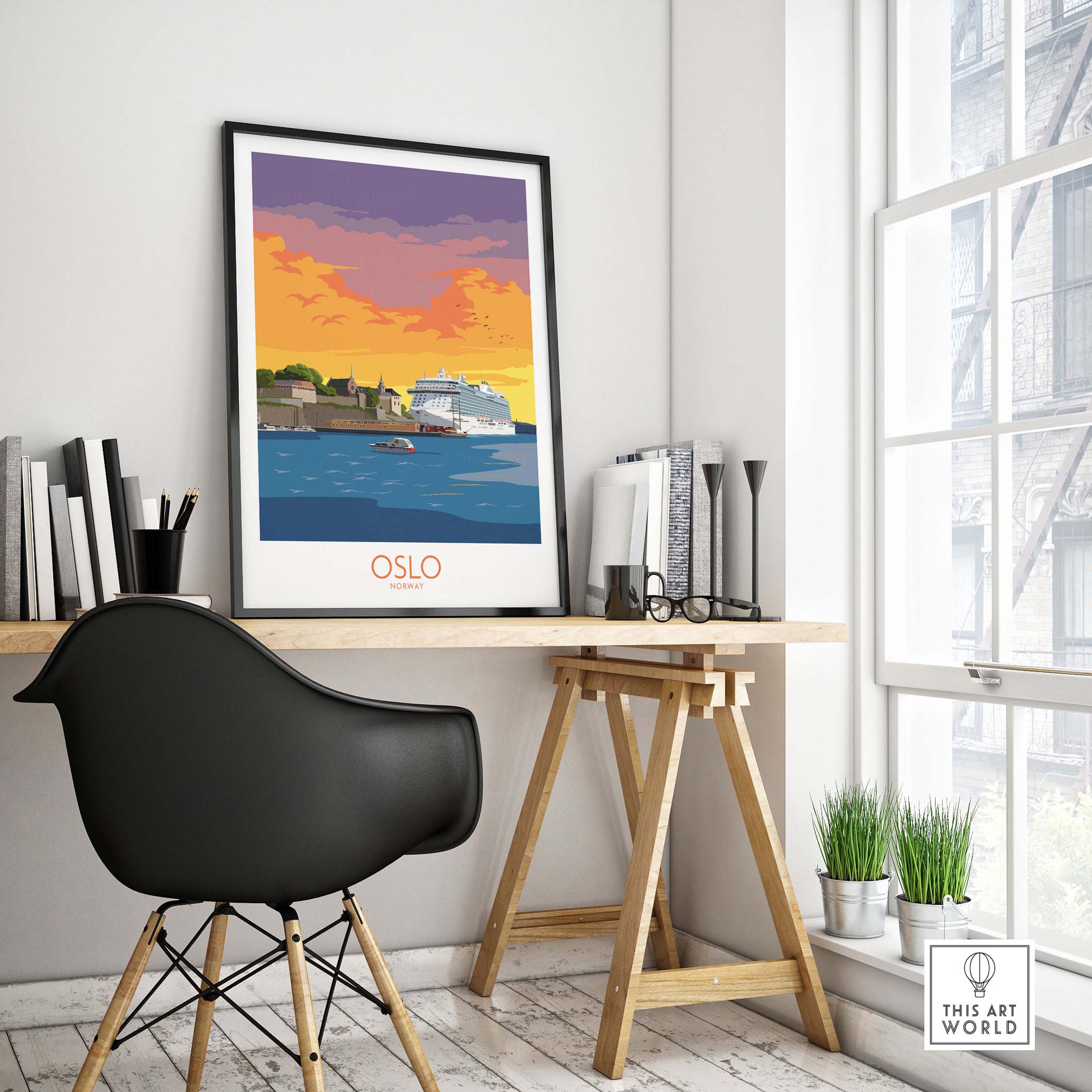 Oslo Poster Norway displayed in a bright home office setting, featuring vintage travel artwork and stylish decor.