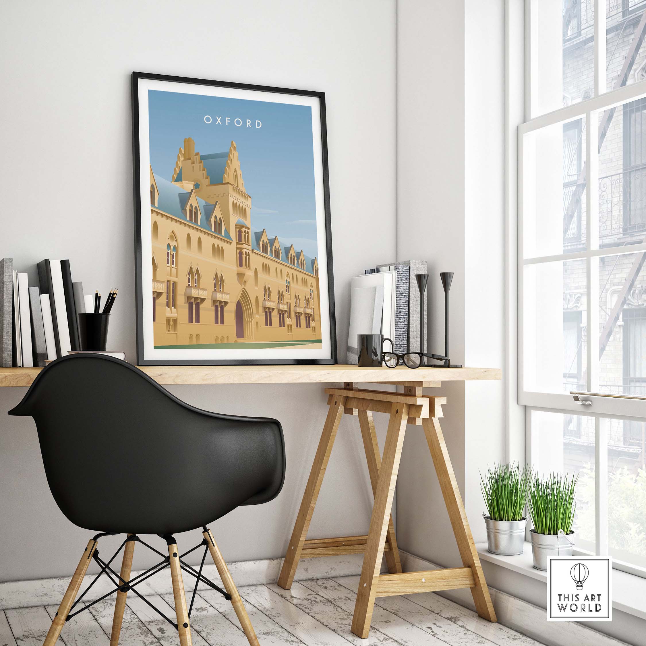 Oxford Wall Art Poster displayed in a stylish workspace, inspiring travel and nostalgia.