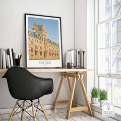 Oxford wall art print displayed in a modern workspace, showcasing vintage travel inspiration and stylish decor.
