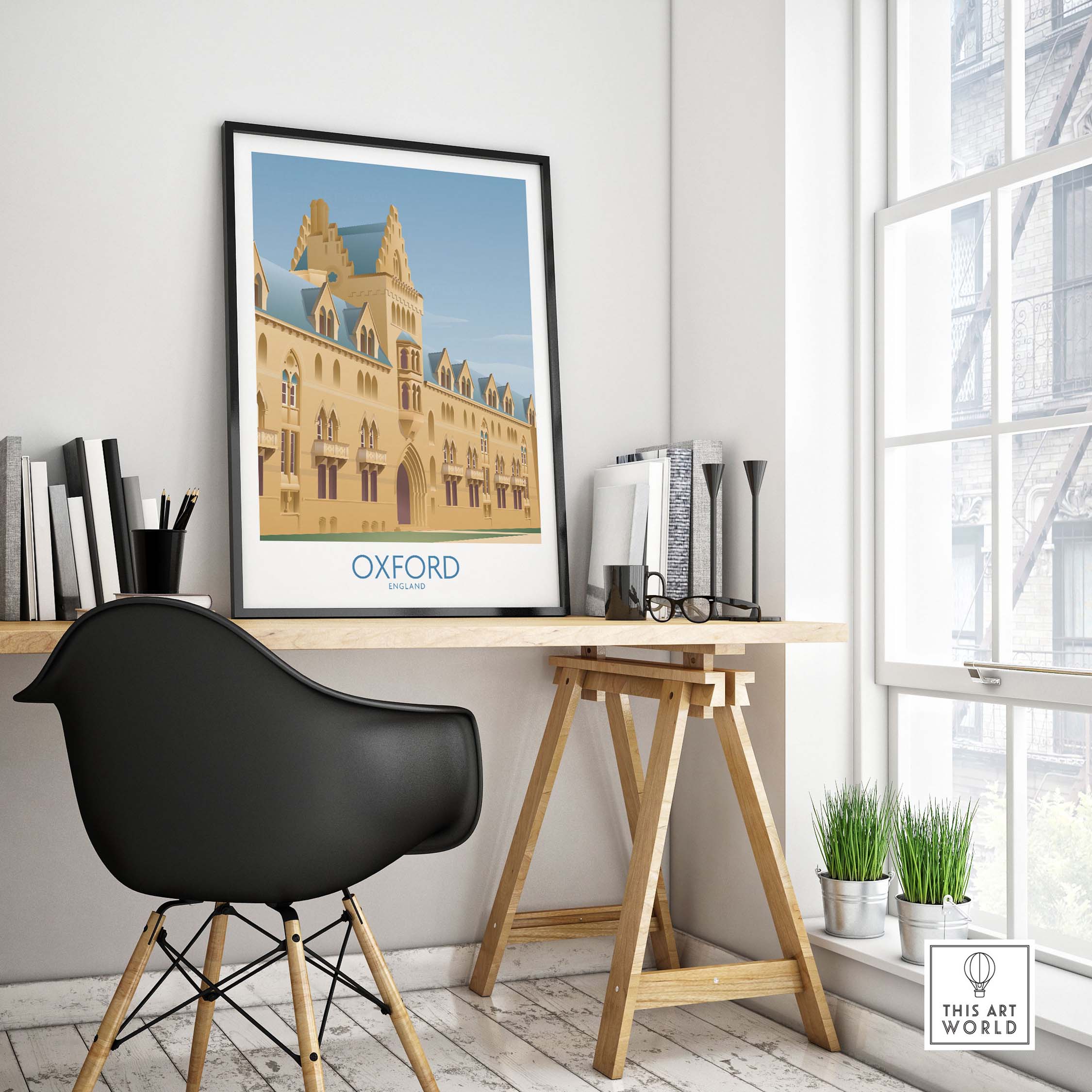 Oxford wall art print displayed in a modern workspace, showcasing vintage travel inspiration and stylish decor.