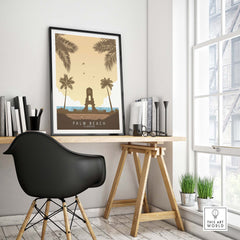 Palm Beach Florida vintage travel poster print displayed in a minimalist home office setting.