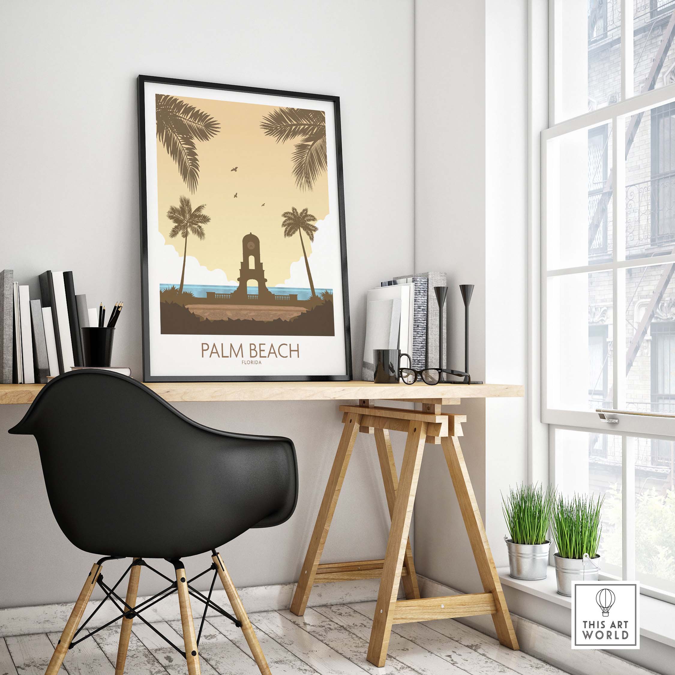 Palm Beach wall art poster in a minimalist office setting with black chair and natural light.