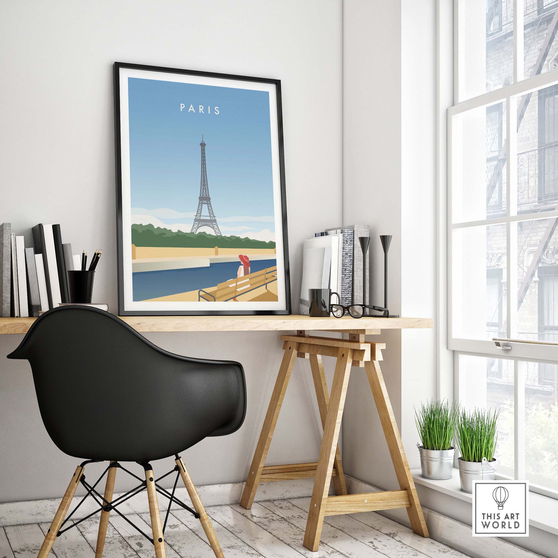 Paris wall art poster showcasing the Eiffel Tower in a chic office setting with stylish decor and natural light.