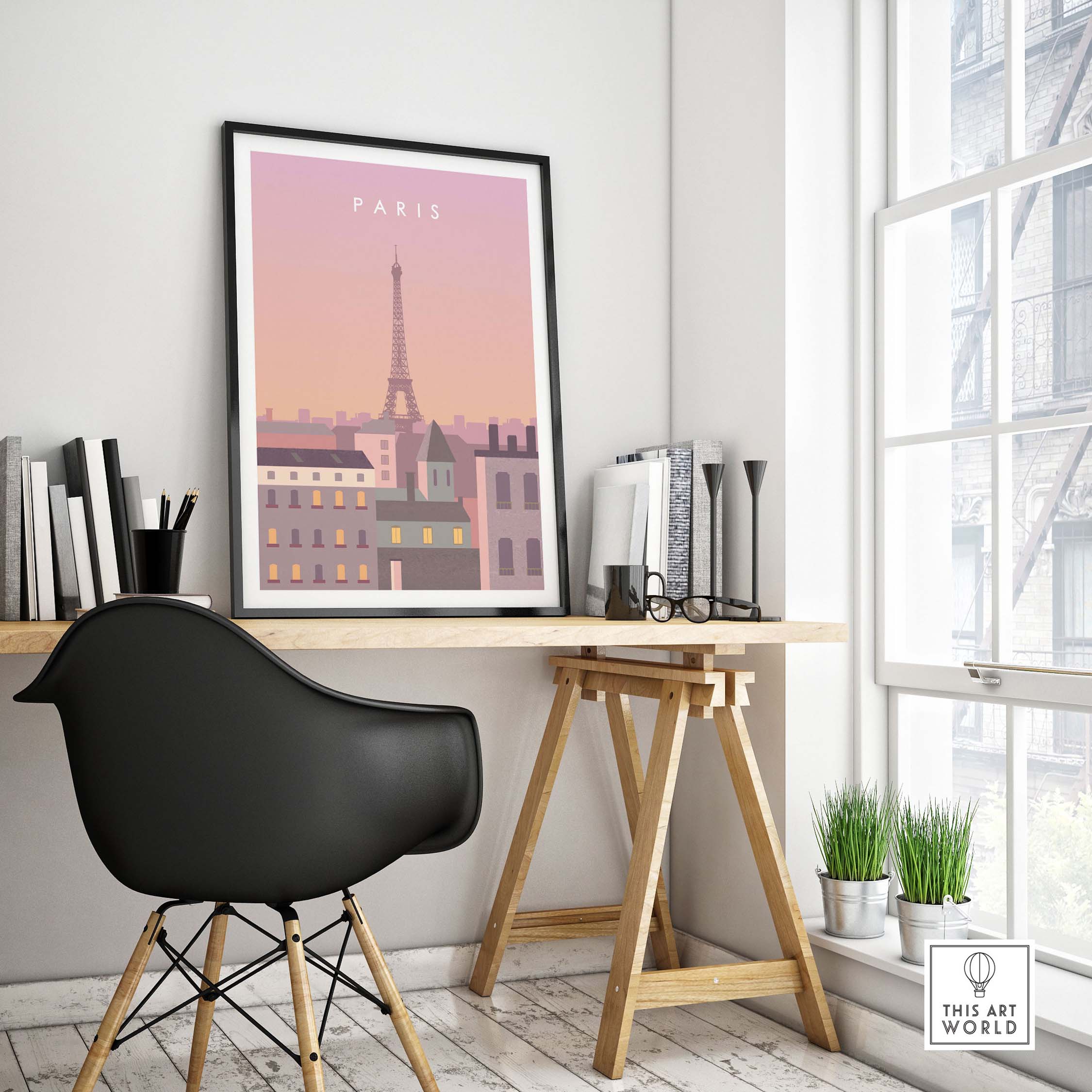 Paris print wall art poster featuring the Eiffel Tower, showcased in a stylish modern workspace with natural light.