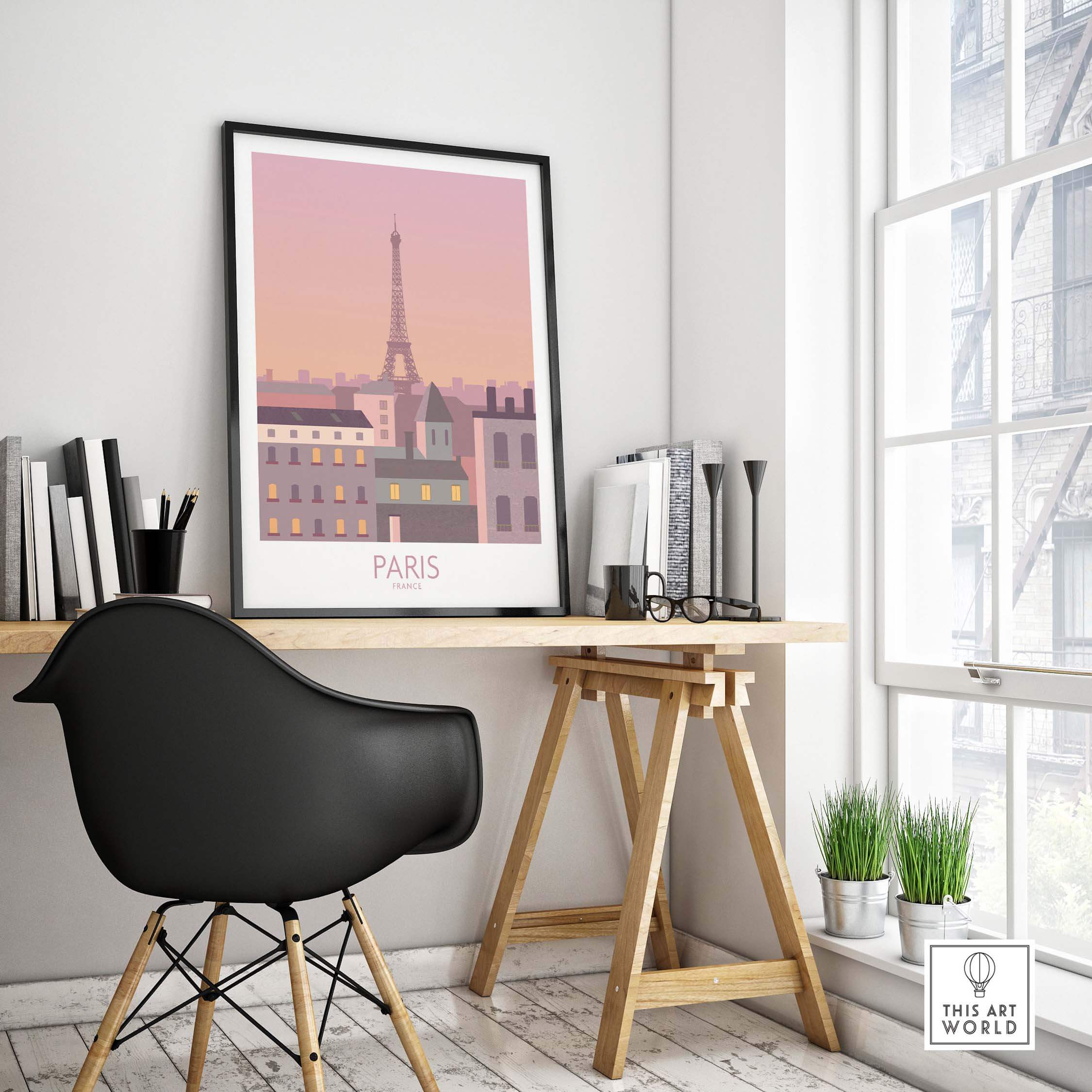 Elegant Paris print travel poster featuring the Eiffel Tower, displayed in a stylish home office setting.