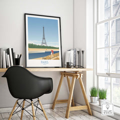 Paris Wall Art Poster Print displayed in a modern workspace with Eiffel Tower design, adding a stylish travel vibe.