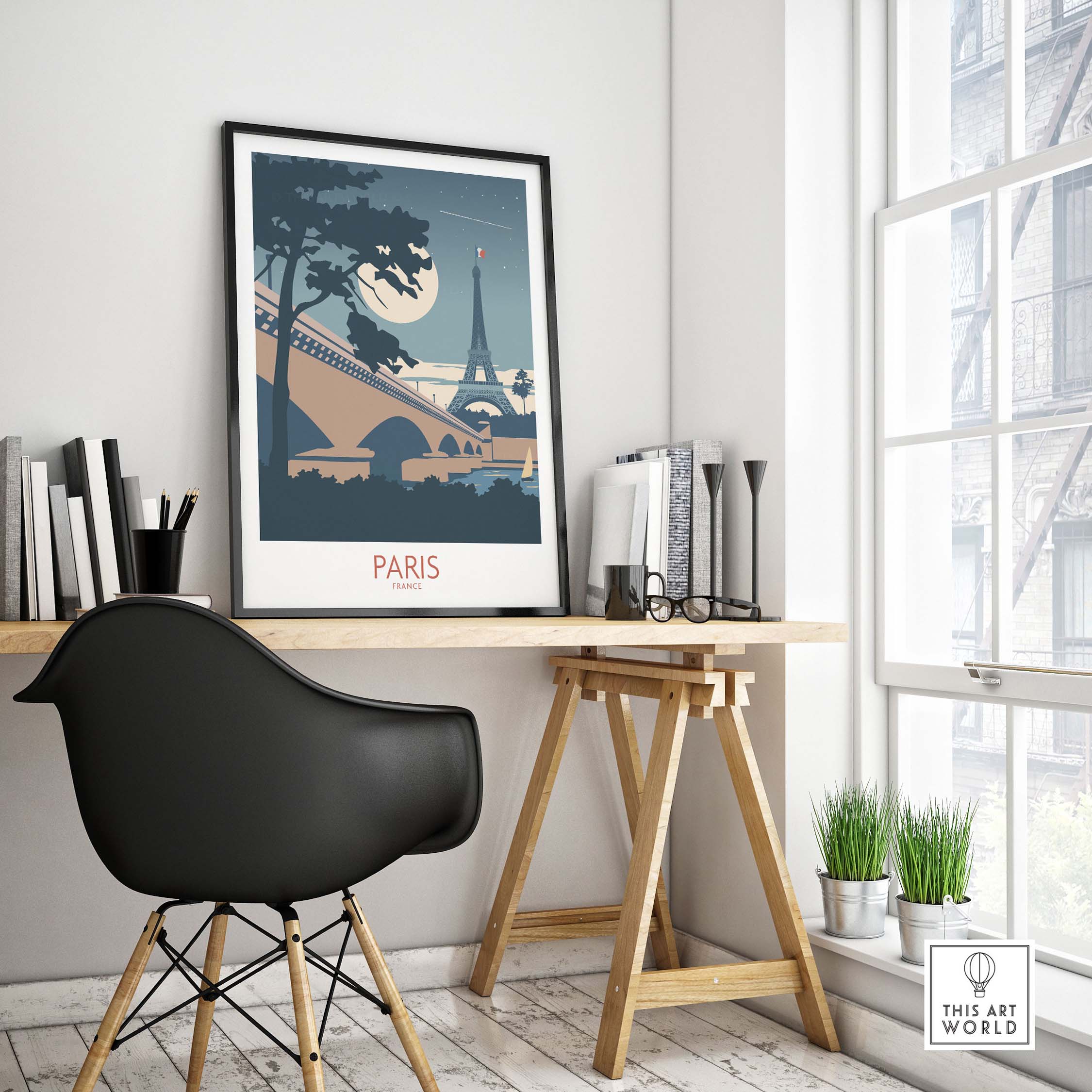 Paris France travel poster featuring the Eiffel Tower in a stylish home office setting, showcasing vintage-inspired art.