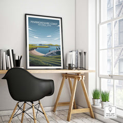 Pembrokeshire Coast National Park Poster displayed in a modern home office setting with minimalist decor.