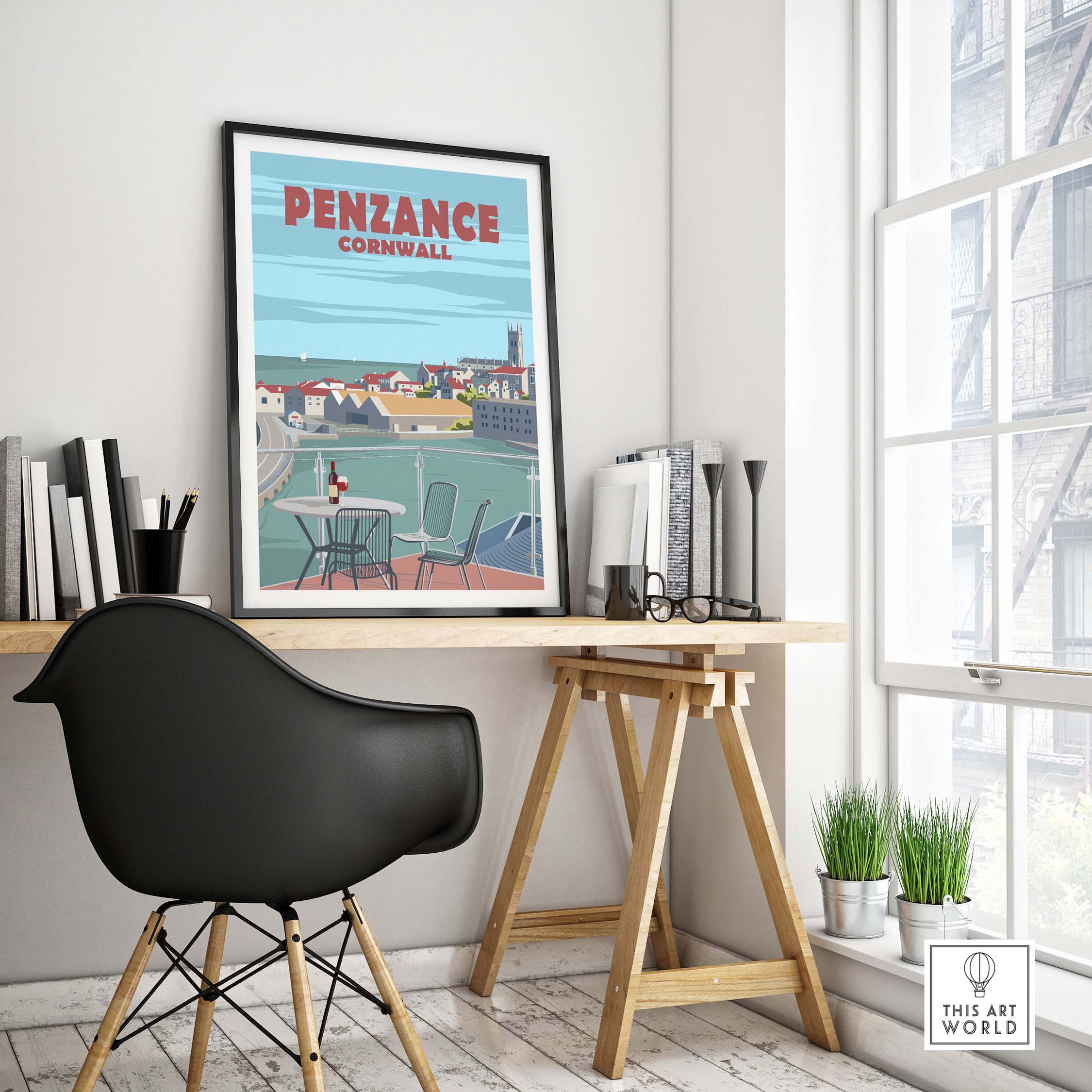 Penzance Cornwall poster print displayed in a modern home office setting, evoking travel nostalgia.