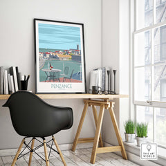 Penzance Poster Cornwall Print displayed in a modern office setting with stylish decor.
