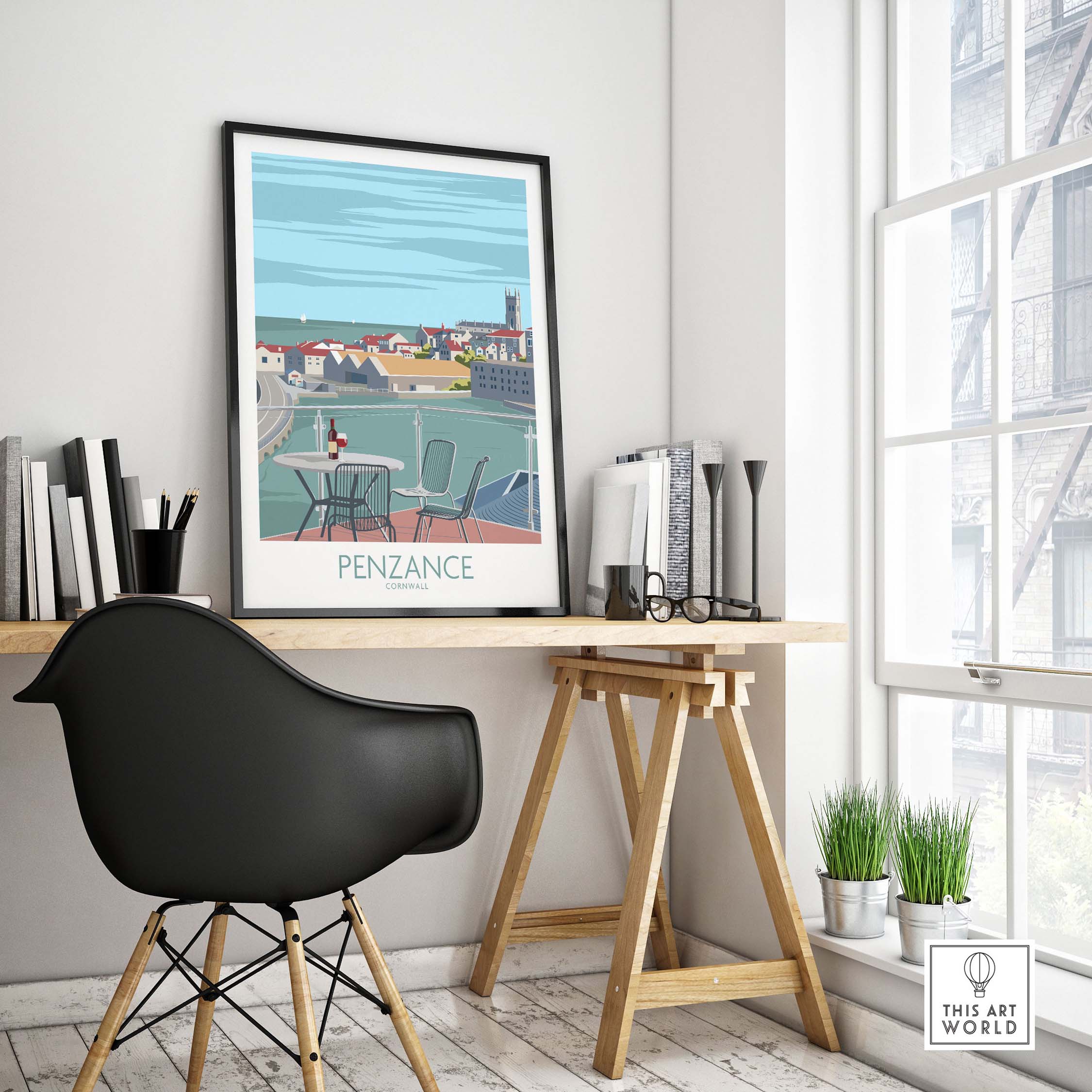 Penzance Poster Cornwall Print displayed in a modern office setting with stylish decor.