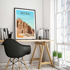 Petra travel poster print displayed in a modern office featuring minimalist design and stylish decor.