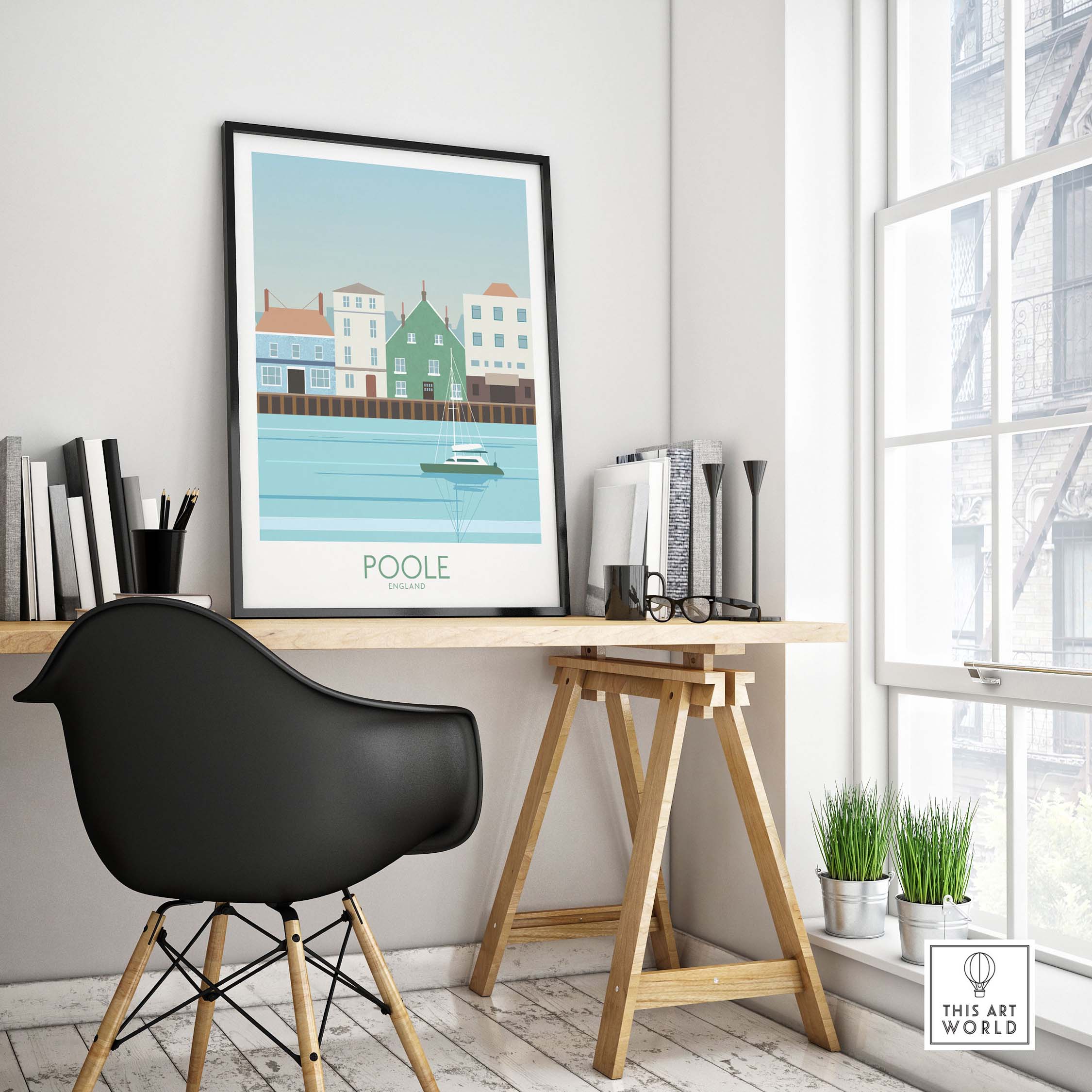 Poole Dorset travel poster print displayed in a stylish home office setting, showcasing scenic coastal artwork.