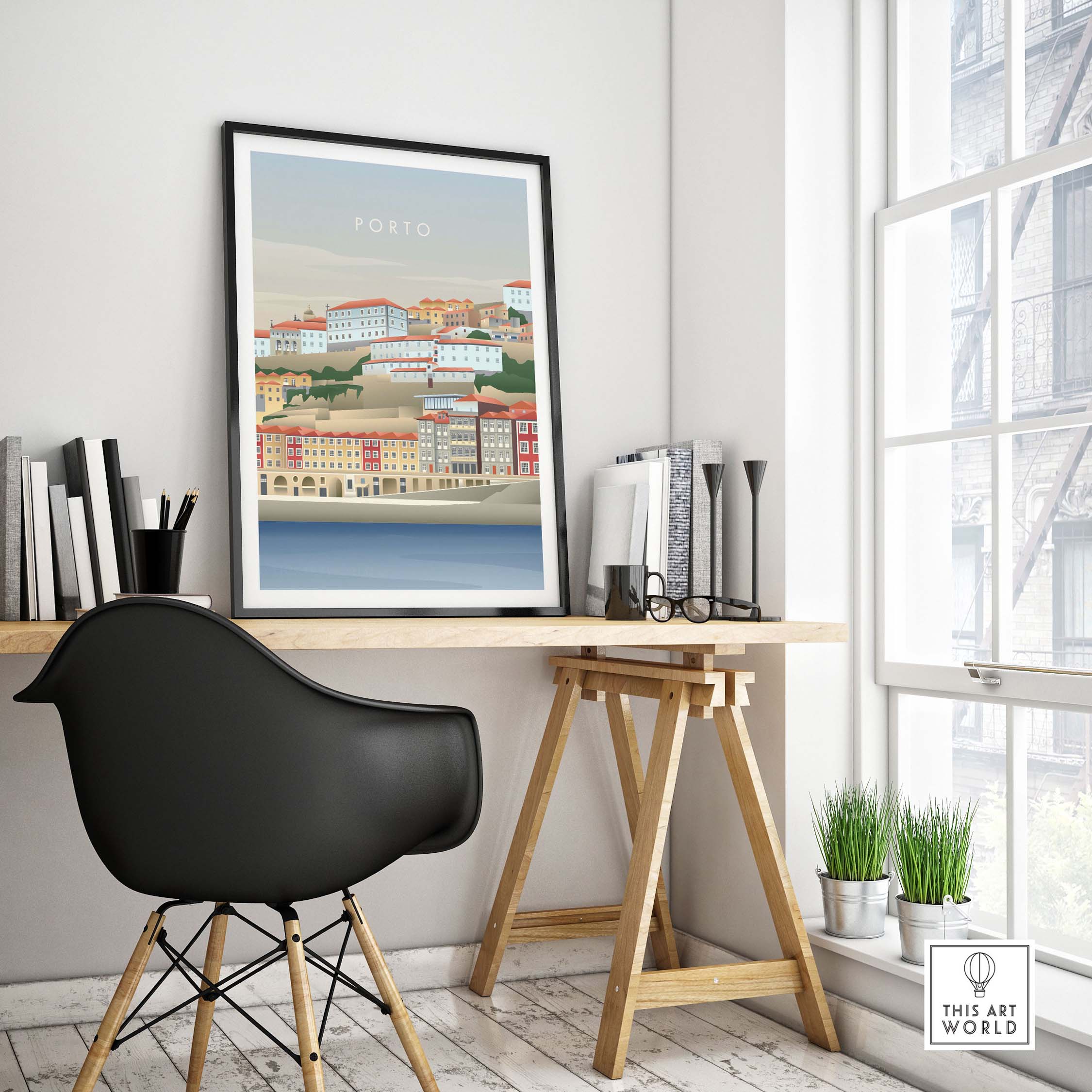Stylish Porto Portugal wall art poster displayed in a modern home office setting with a black chair.