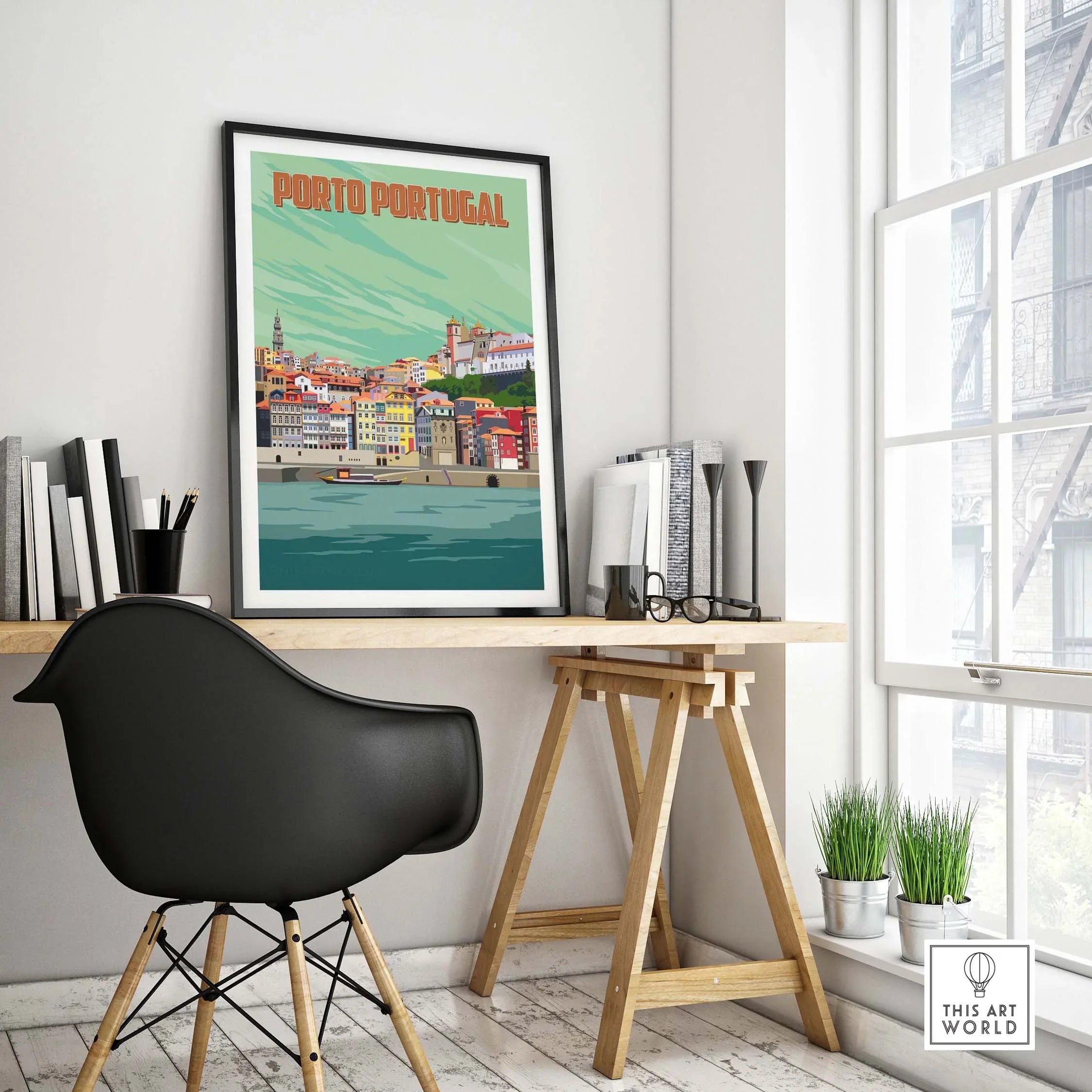 Porto Print Poster Wall Art showcasing Porto, Portugal, displayed in a modern workspace.