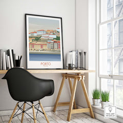 Porto Wall Art Portugal Print displayed in a stylish modern home office setting, featuring vibrant architectural details.