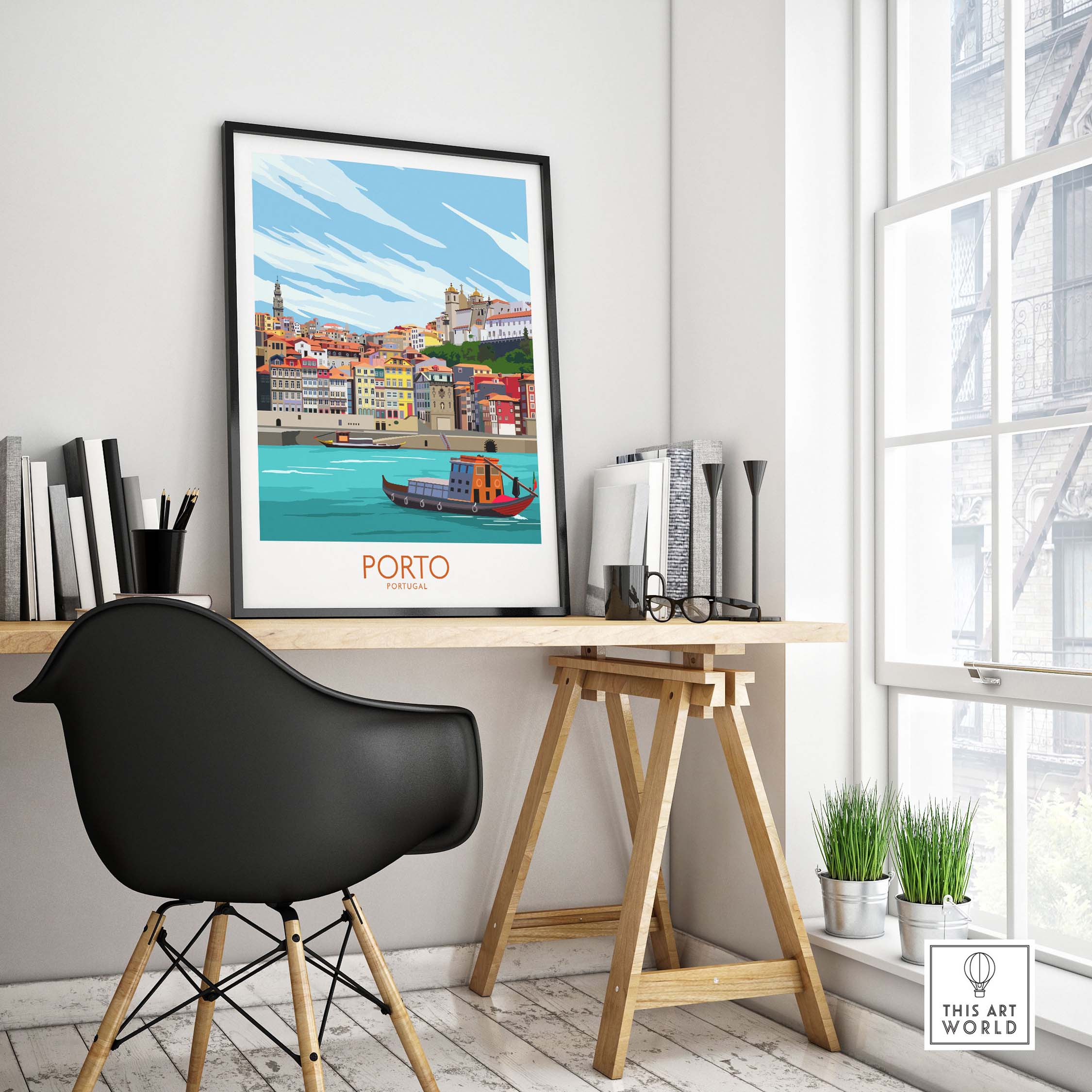 Porto Travel Poster Print displayed in a stylish workspace, featuring vibrant colors and minimalist design.
