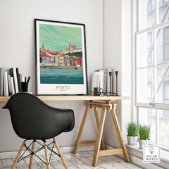Stylish Porto Portugal travel poster displayed in a modern office setting with a black chair and desk.