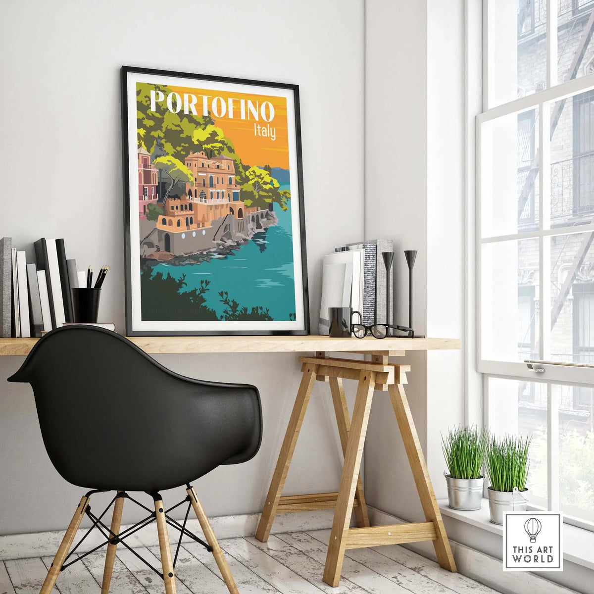 Portofino Print Poster Wall Art displayed in a stylish workspace, capturing vintage travel vibes with vibrant colors.