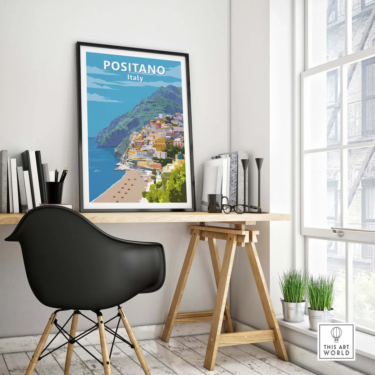 Positano Poster Print showcasing Italy's coastal beauty, framed wall art for stylish home decor.