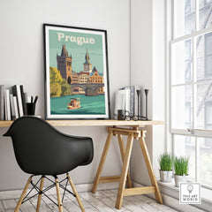 Vintage Prague print poster framed on a wall in a stylish home office with modern decor.