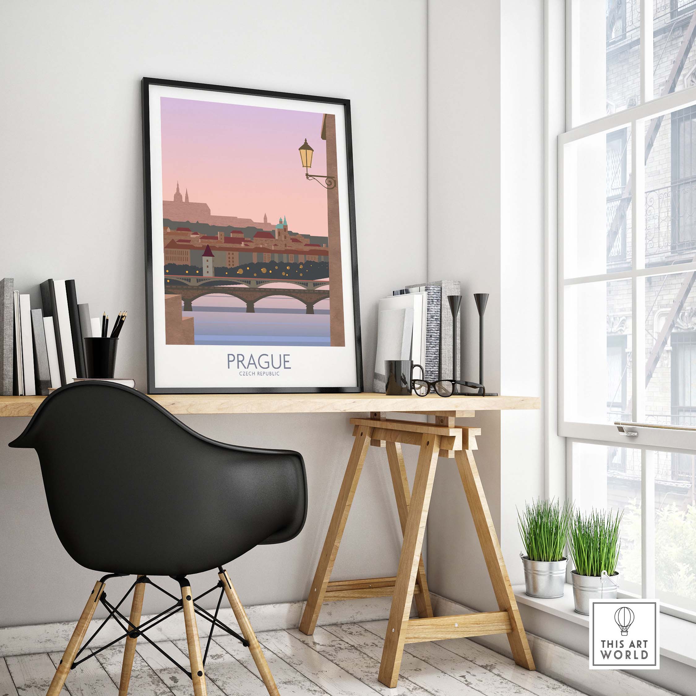 Prague Print Travel Poster showcasing a vintage design, framed, in a stylish workspace with a modern chair.