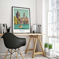 Prague Poster Travel Print showcasing historic Prague artwork in a stylish home office setting.