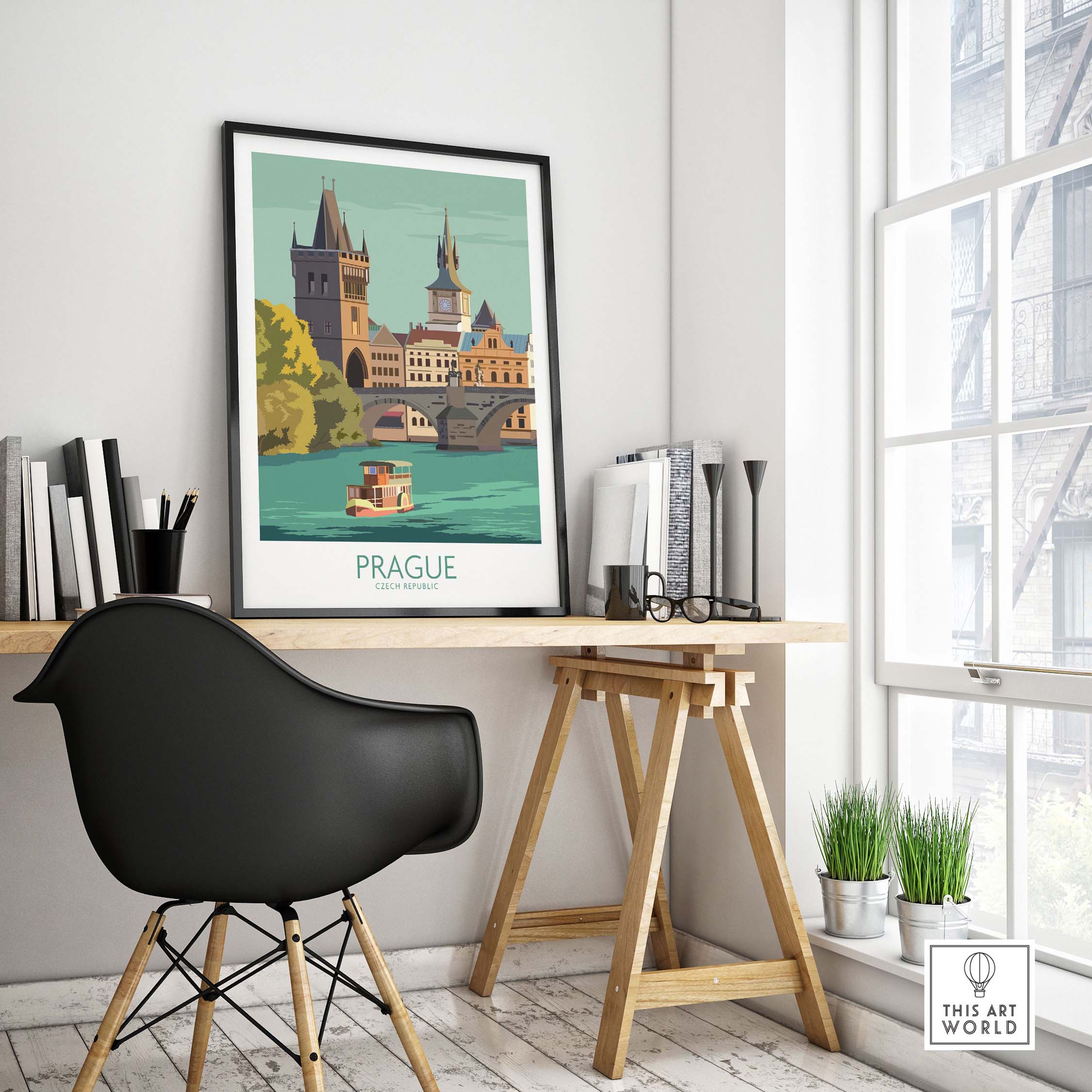 Prague Poster Travel Print showcasing historic Prague artwork in a stylish home office setting.