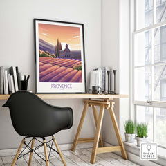 Provence travel poster displayed in a stylish home office with desk, chair, and plants, showcasing vintage art inspiration.
