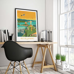 Vintage minimalist Rio de Janeiro poster on wall above a stylish desk in a bright room.