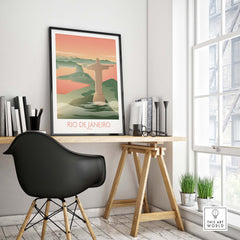 Vintage-inspired Rio de Janeiro wall art in a stylish home office setting with a black chair and wood desk.