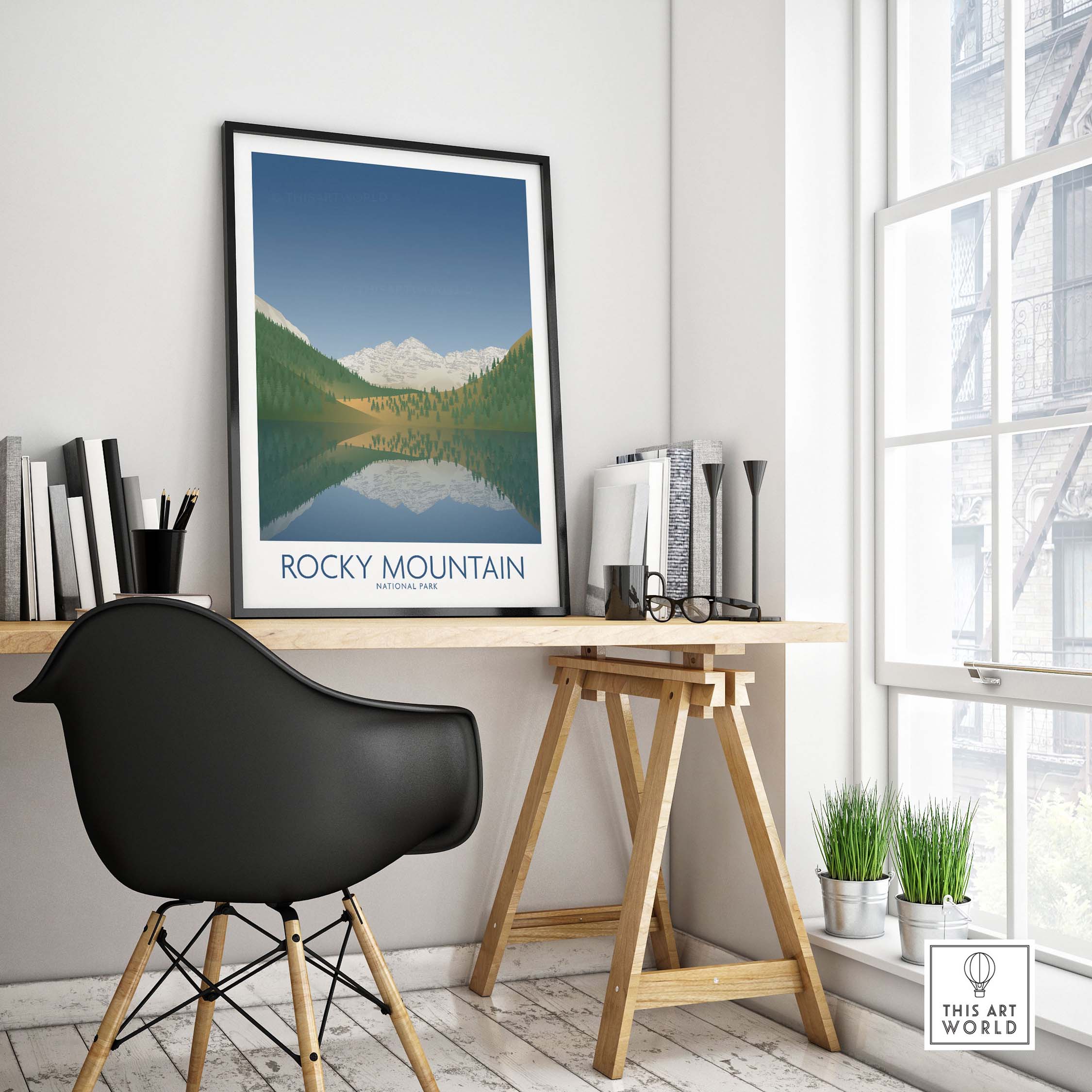 Rocky Mountain National Park art print displayed in modern home office, featuring minimalist design and vibrant nature colors.