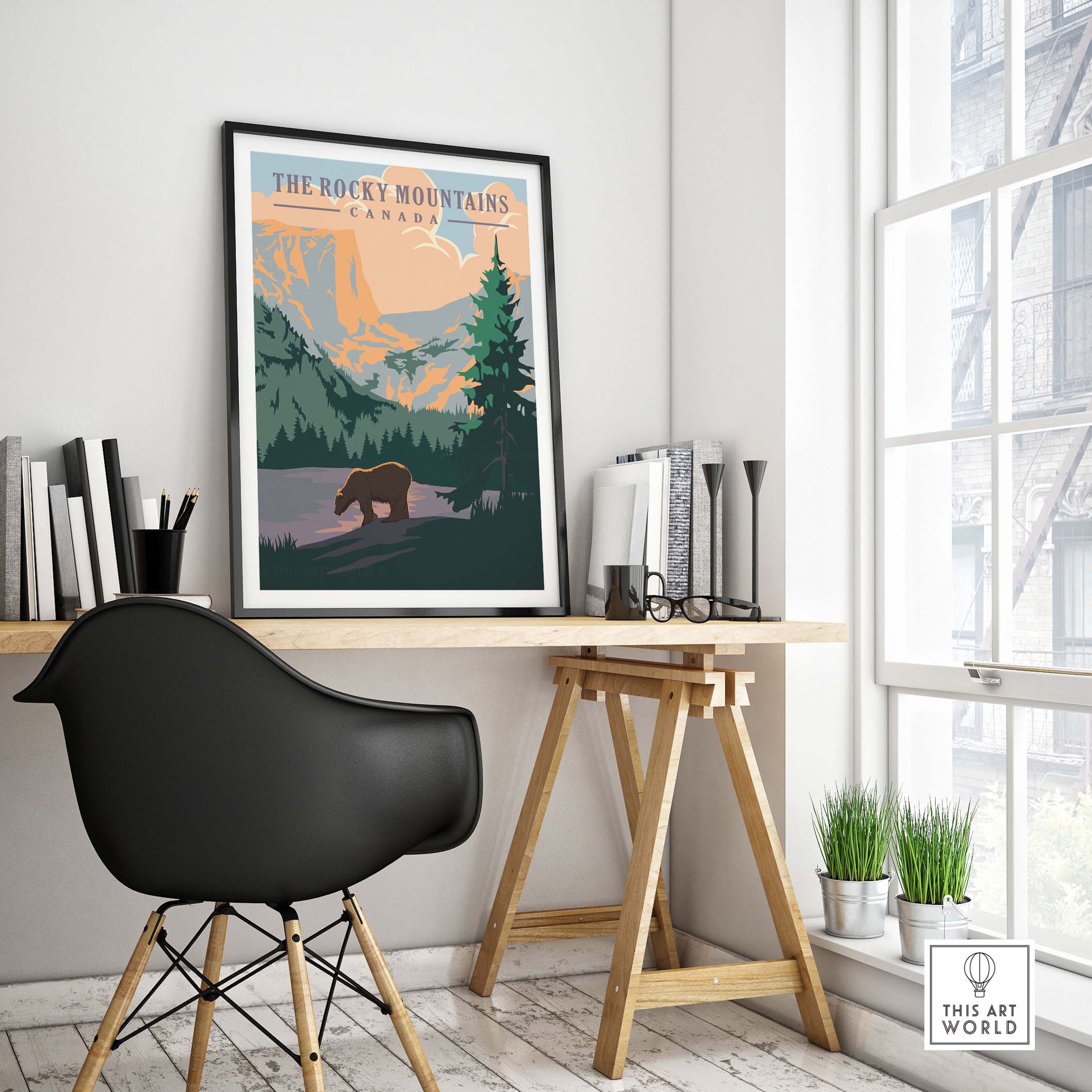 Rocky Mountains Canada vintage print on wall in stylish office with bear and forest design, promoting outdoor wanderlust.