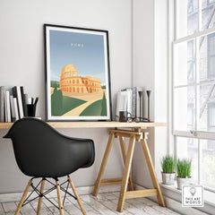 Stylish Rome Wall Art Poster featuring the Colosseum, perfect for home or office decor. Sustainably produced vintage-inspired print.
