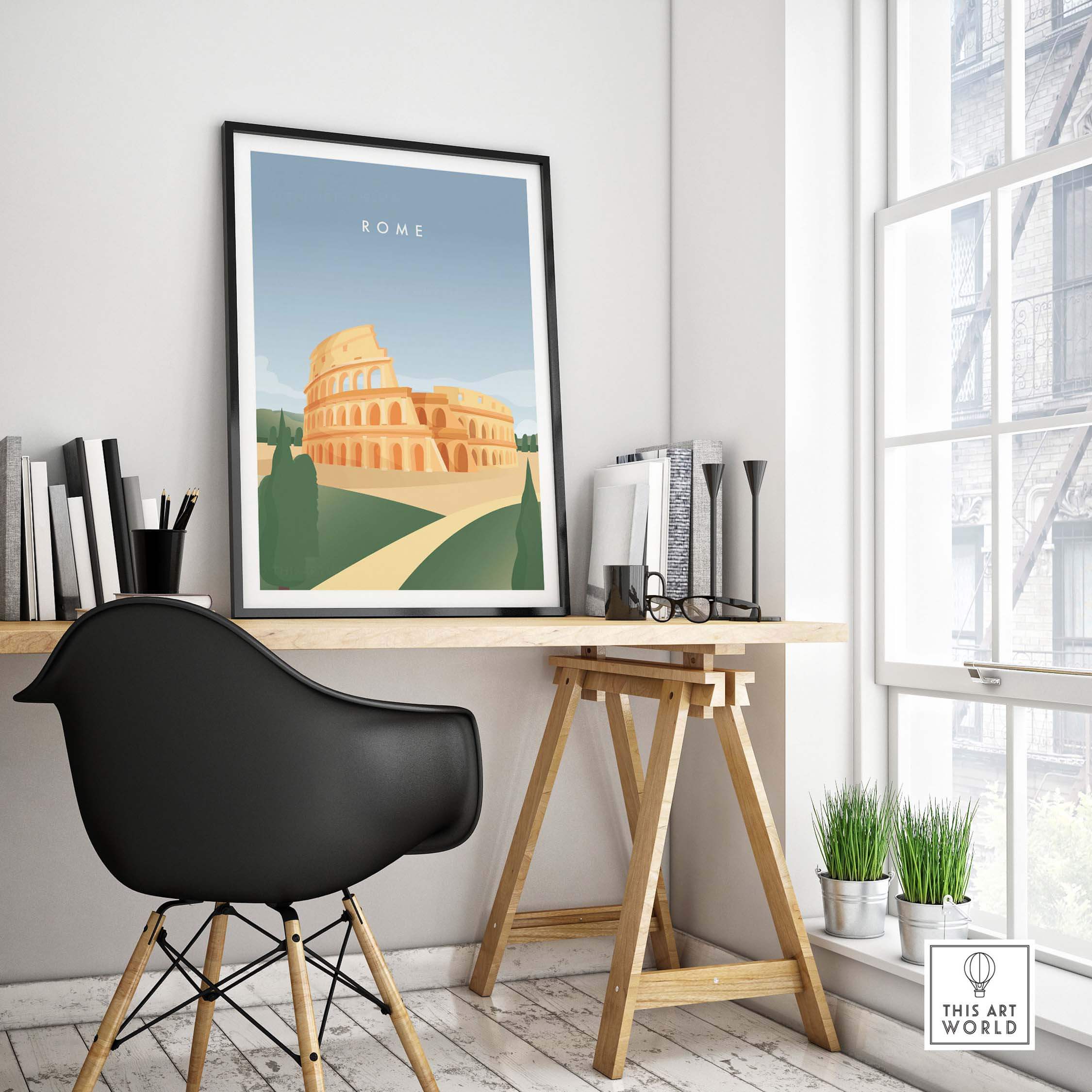 Stylish Rome Wall Art Poster featuring the Colosseum, perfect for home or office decor. Sustainably produced vintage-inspired print.