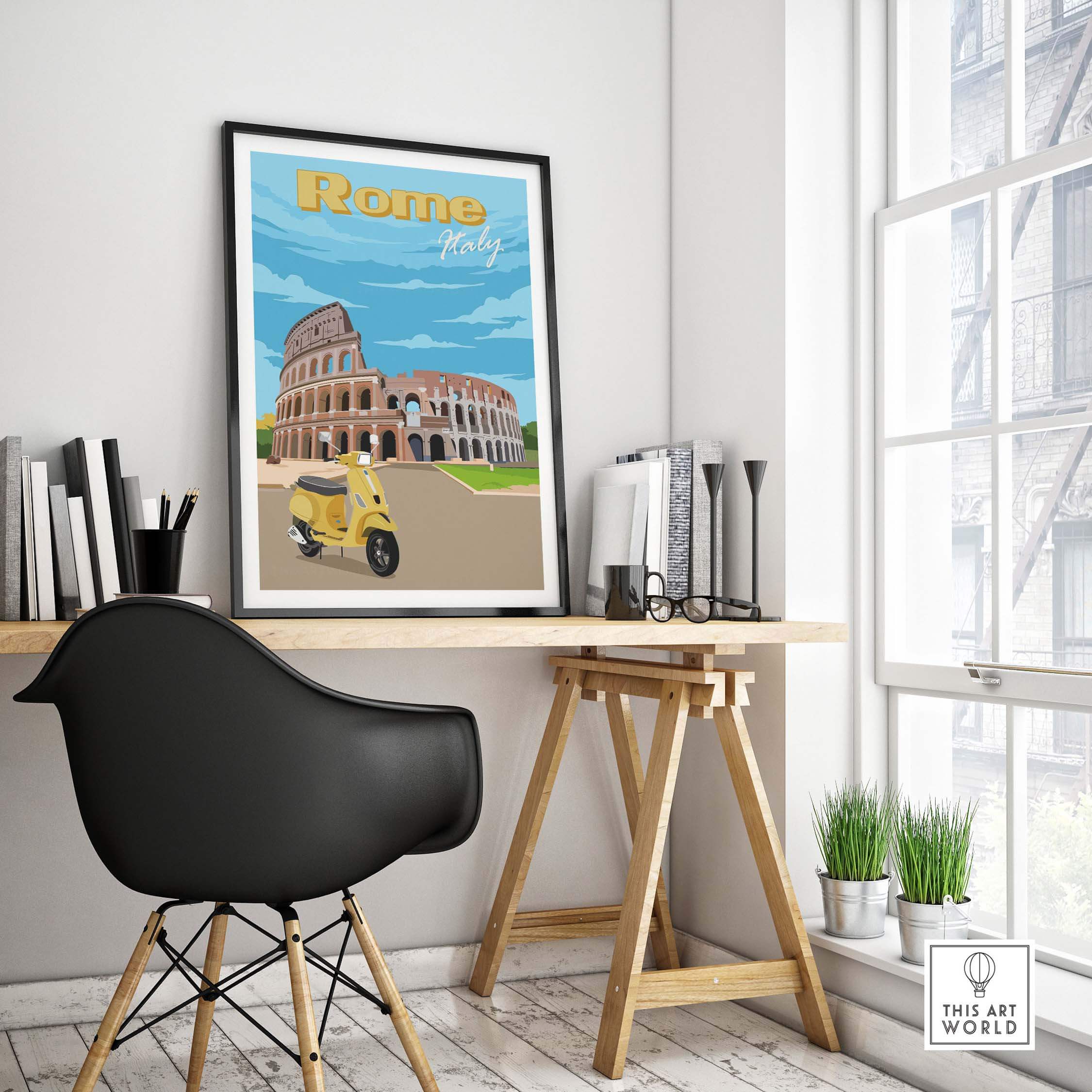 Vintage Rome Print Poster featuring the Colosseum and a yellow scooter in a stylish office setting.