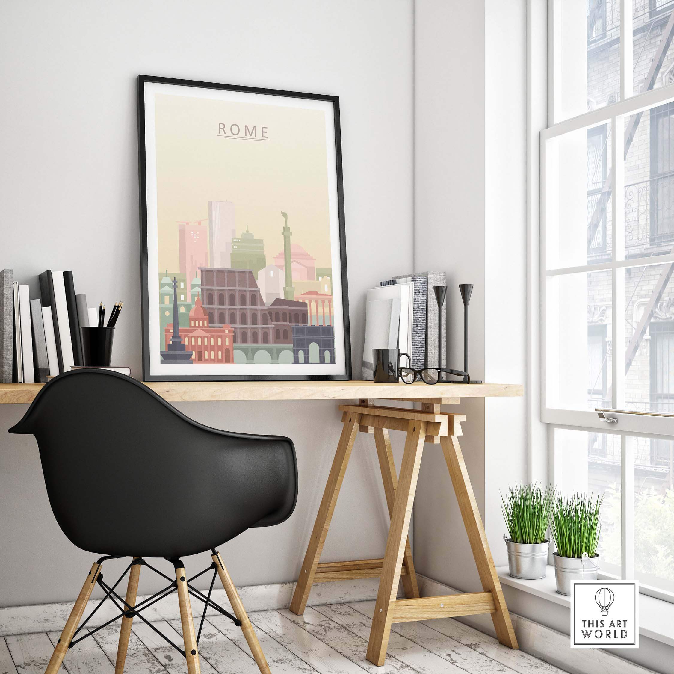 Rome City Skyline print framed on a wall above a stylish black chair and wooden desk in a bright room.