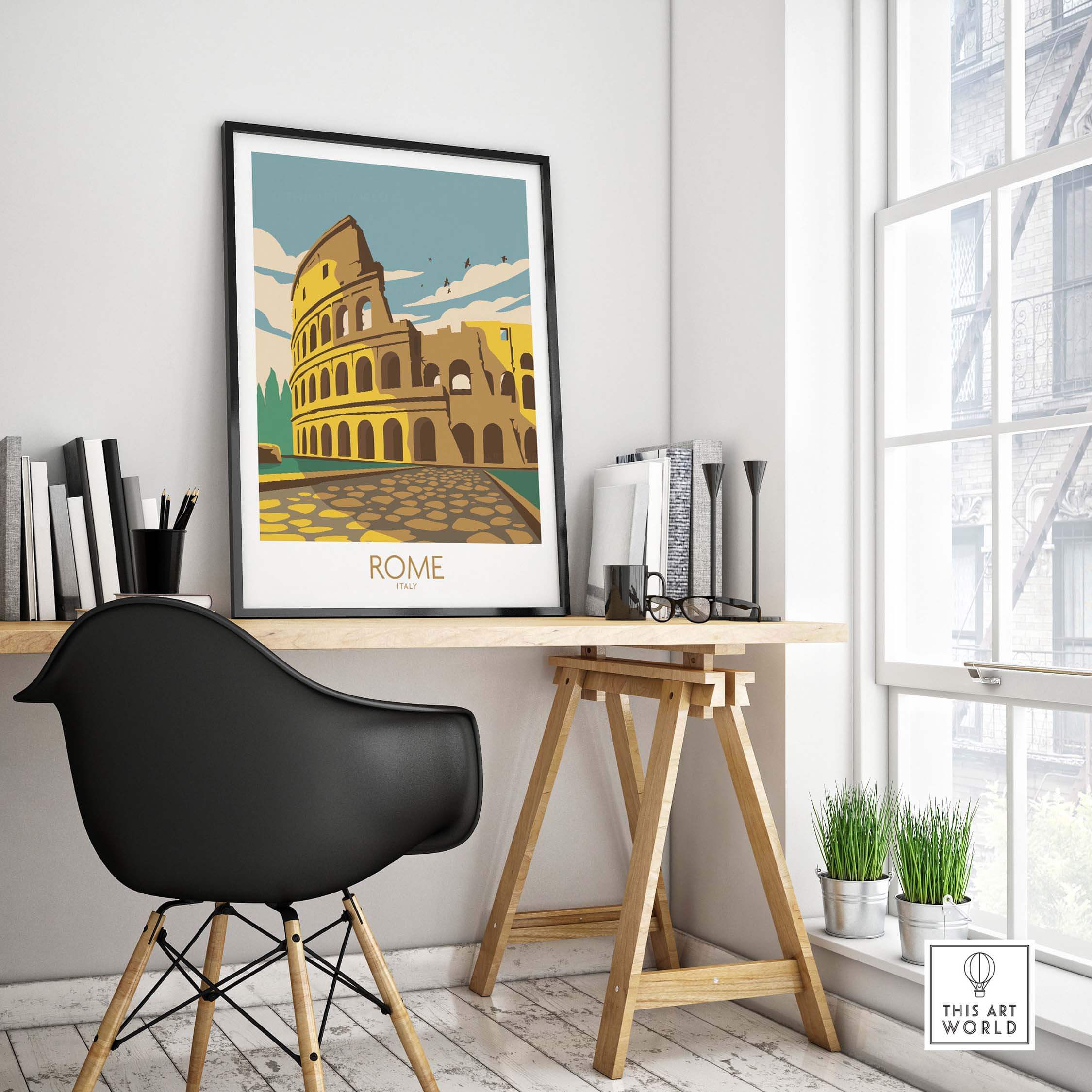 Vintage Rome poster print featuring the Colosseum, displayed in a modern office setting. Perfect for travel lovers.