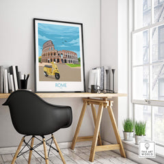 Vibrant Rome travel poster print featuring the Colosseum and a vintage scooter in a modern office setting.