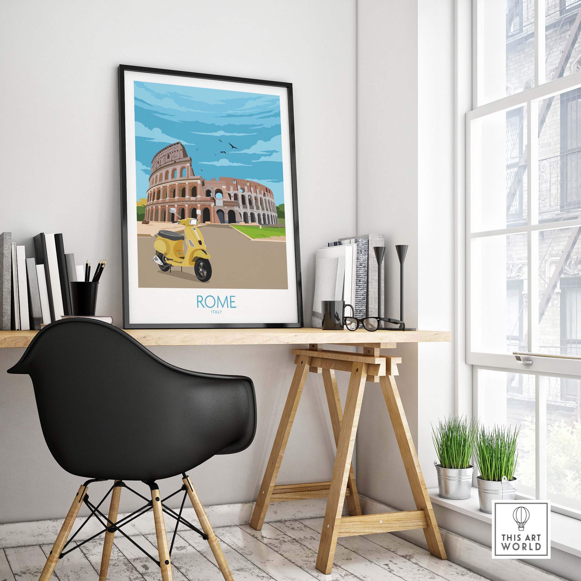 Vibrant Rome travel poster print featuring the Colosseum and a vintage scooter in a modern office setting.