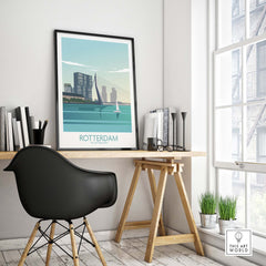 Stylish Rotterdam poster in a modern workspace with a black chair and sunlight filtering through a window.
