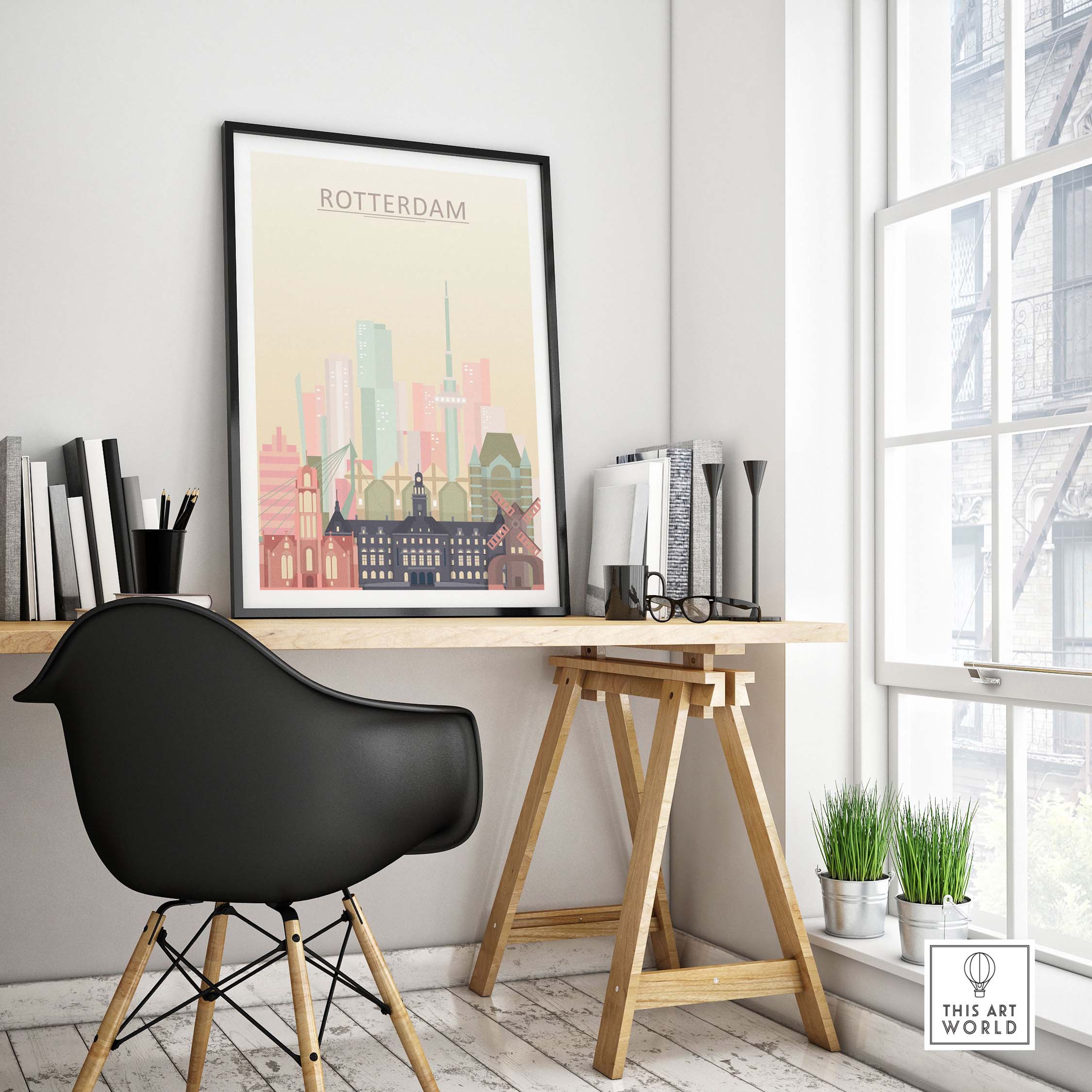 Rotterdam Skyline Print showcased in a modern workspace with a black chair and decor accents, featuring pastel colors.